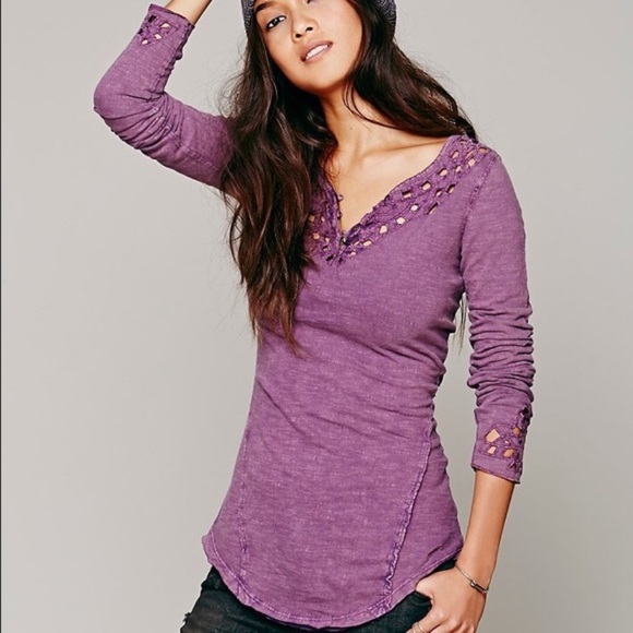 Free People Tops - Free People Blue Luna Top in Purple Cutout Distressed embroidered long sleeve